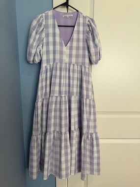 English Factory Lavender Gingham Tiered Midi Dress - Puff Sleeve